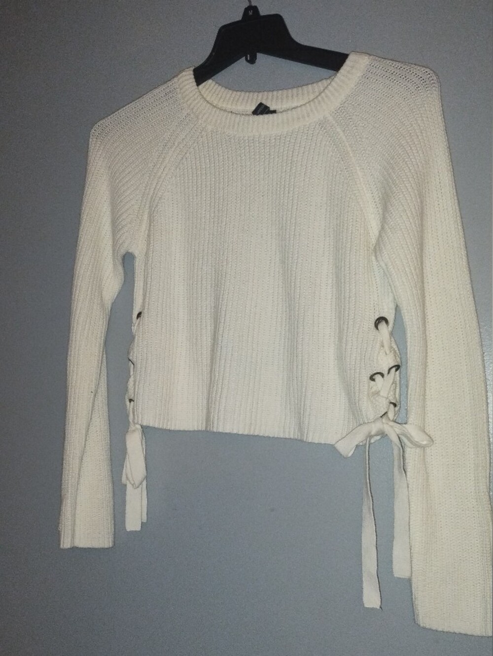 moon & madison Ivory Lace-Up Side Crewneck Sweater